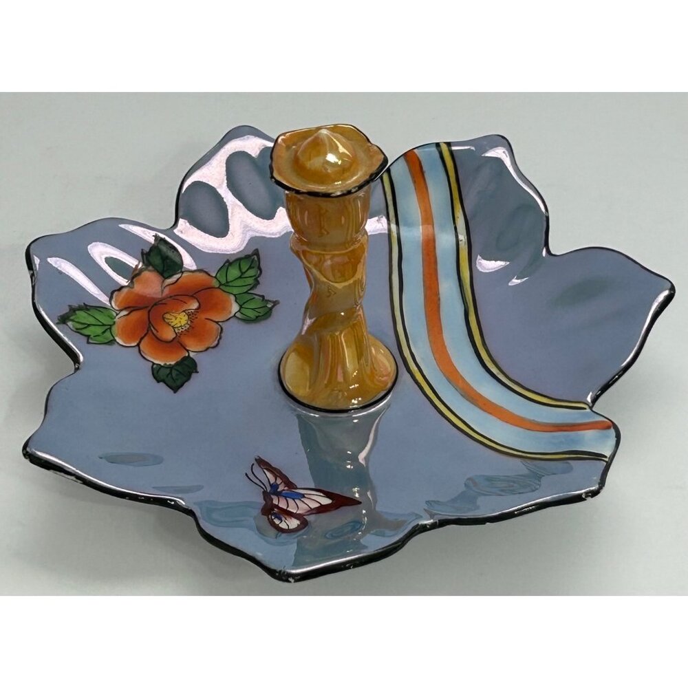 Lusterware Art Deco Noritake Blue Floral Butterfly Ring Trinket Tidbit Soap Dish - Picture 4 of 13